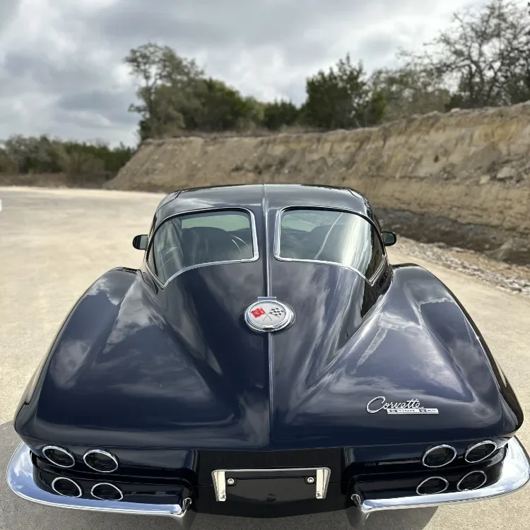 Straight rear view of ceramic coated split window Corvette with quad tail lights and chrome bumper