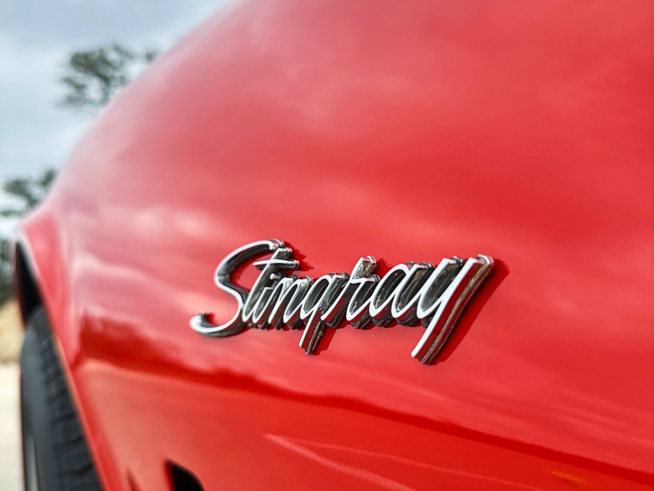 Monza Red Corvette Badge Close-Up After Refinement Close-up of Stingray script badge on corrected single-stage paint