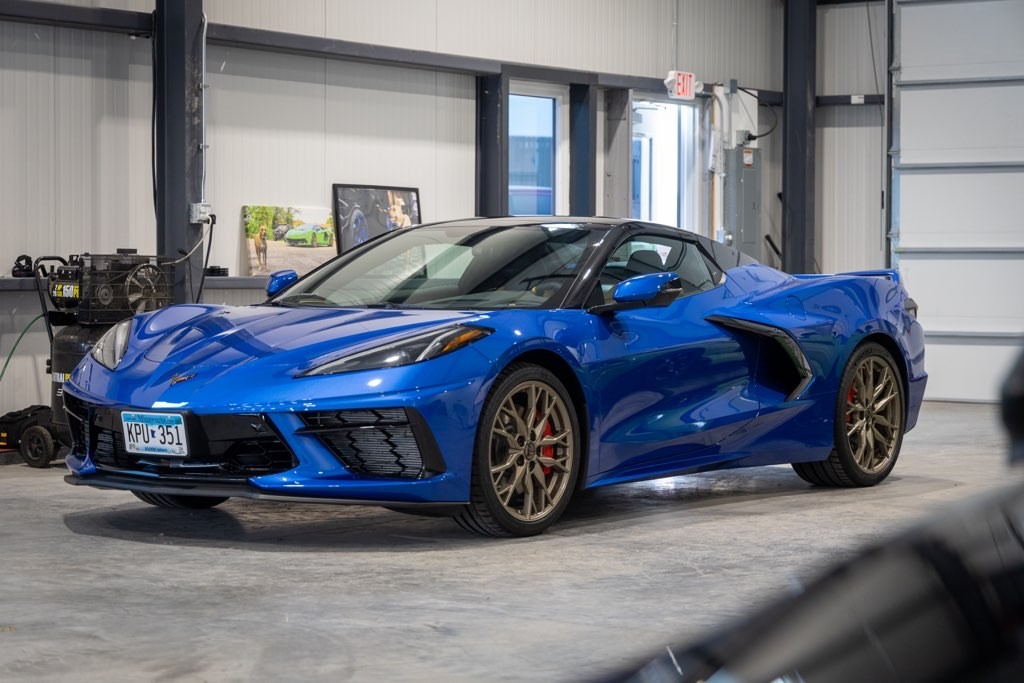 Blue Chevrolet Corvette ceramic coating and paint protection service at Carsmotology in Boerne Texas near San Antonio and New Braunfels