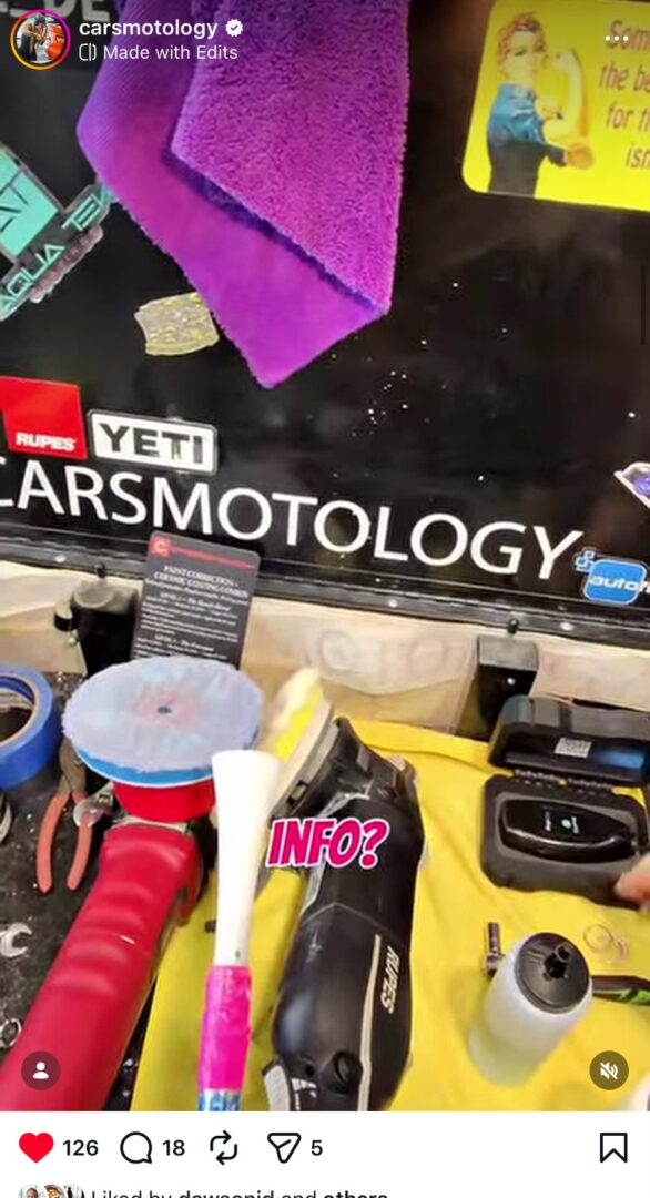 Auto detailing tools including polishers, microfiber towels, and accessories inside the Carsmotology shop.