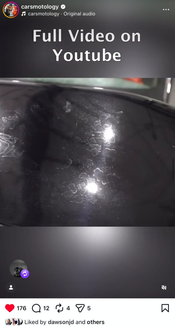 Close-up of vehicle paint defects and swirl marks before paint correction.