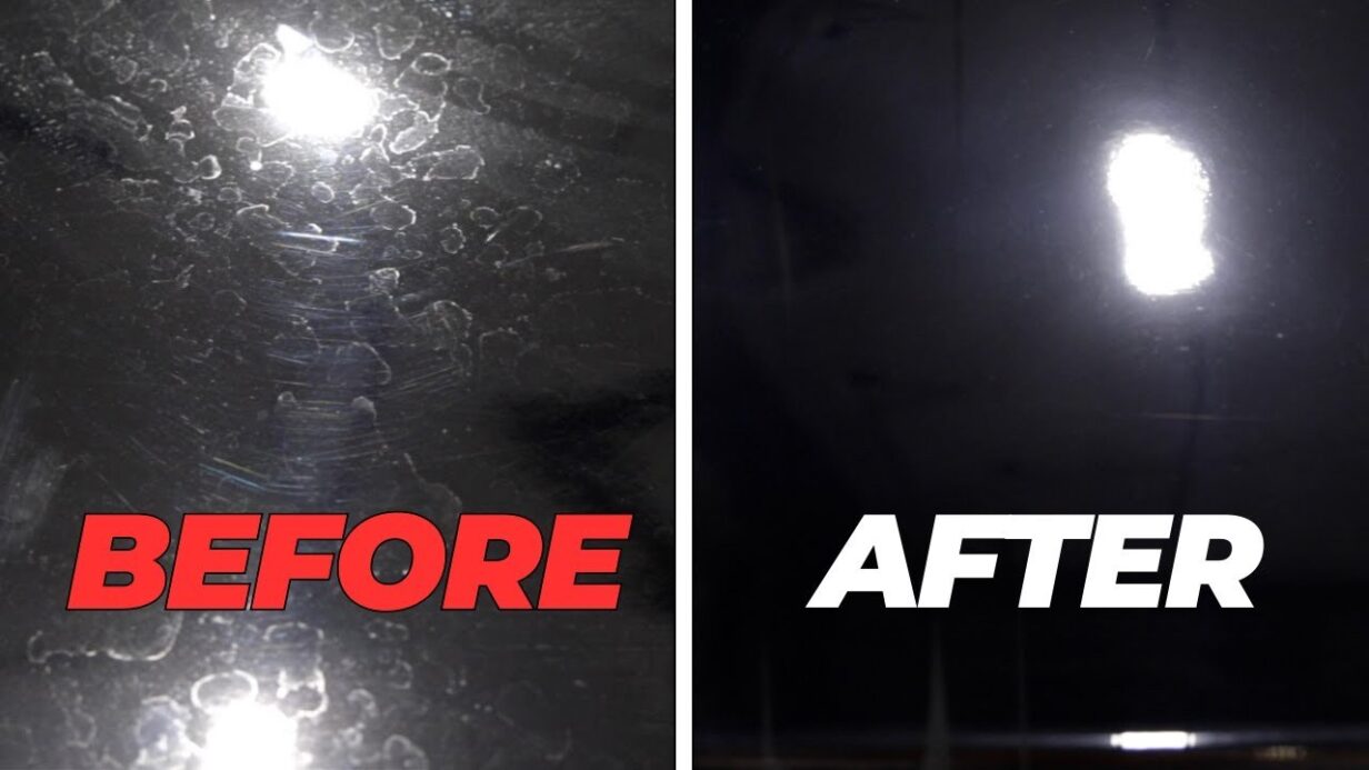 Pro detailer removing hard water spots from a Porsche with a machine polisher