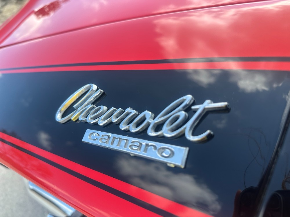 Chevrolet Camaro emblem close-up on 1967 Camaro SS/RS showing cloud reflections in Carsmotology ceramic-coated paint